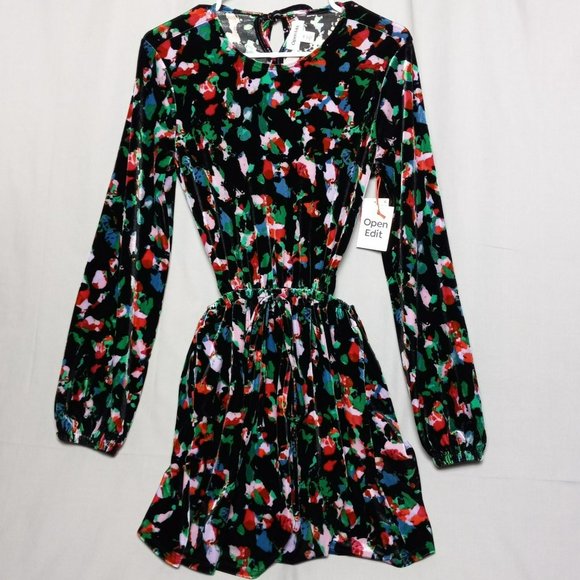 NWT Open Edit Open Cut Out Back Velour Long Sleeve Skater‎ Minidress Sz XS - Picture 1 of 13